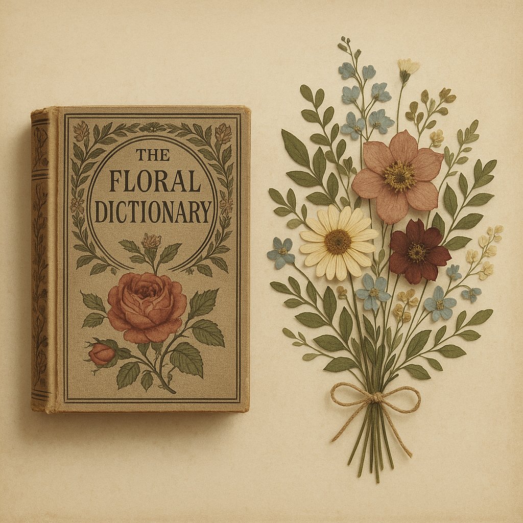 antique Victorian floral dictionary book beside a pressed flower bouquet