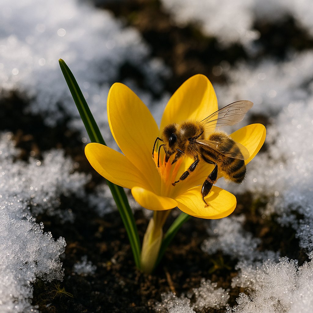 bee visiting early spring flower with snow still on ground