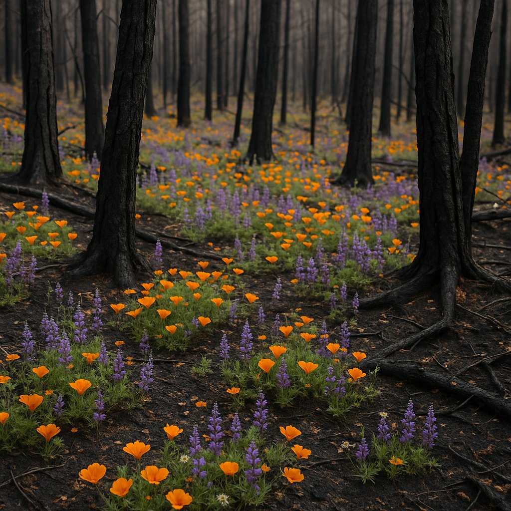 wildflowers blooming across burned forest ground