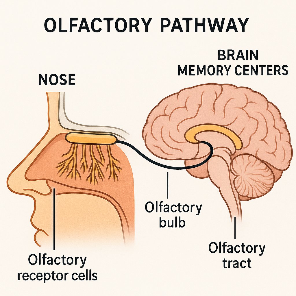 diagram of olfactory pathway connecting nose to brain memory centers