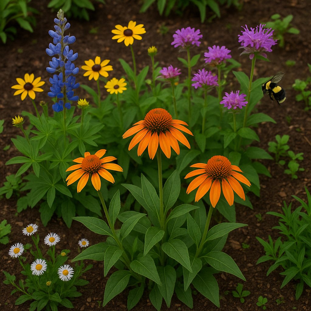 garden bed with native wildflowers and a bumblebee
