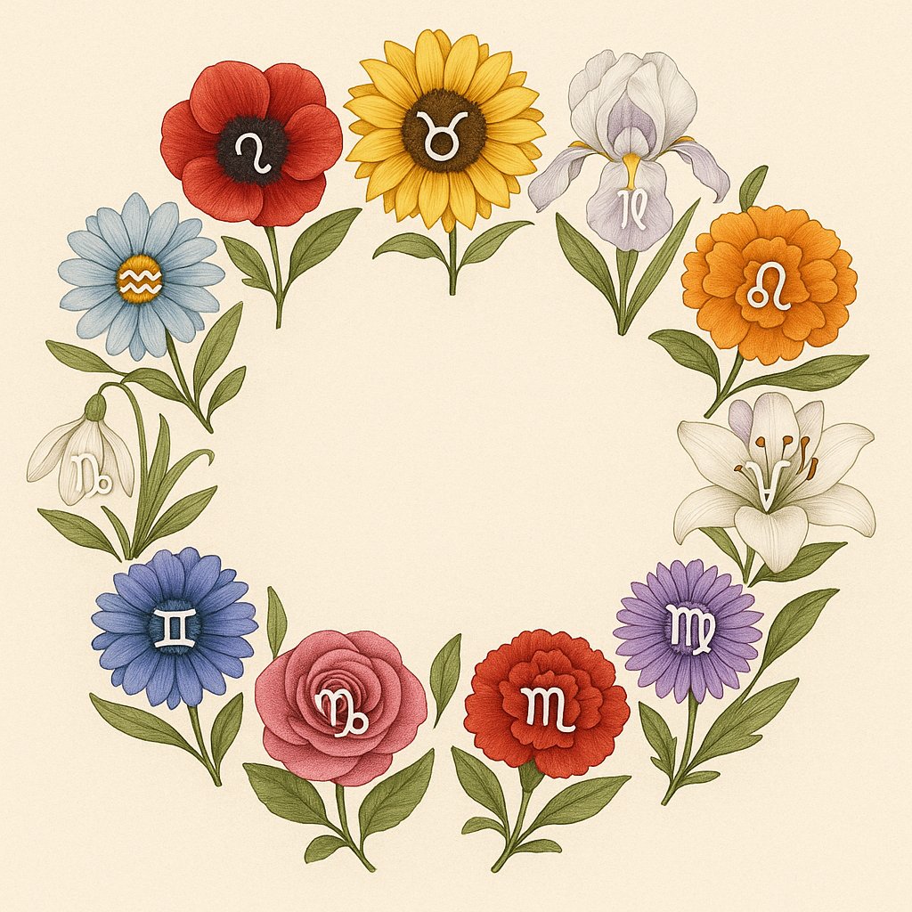 Zwölf Blumen im Kreis angeordnet passend zu Tierkreiszeichen