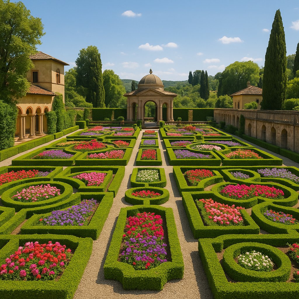 giardino rinascimentale italiano con aiuole geometriche fiorite