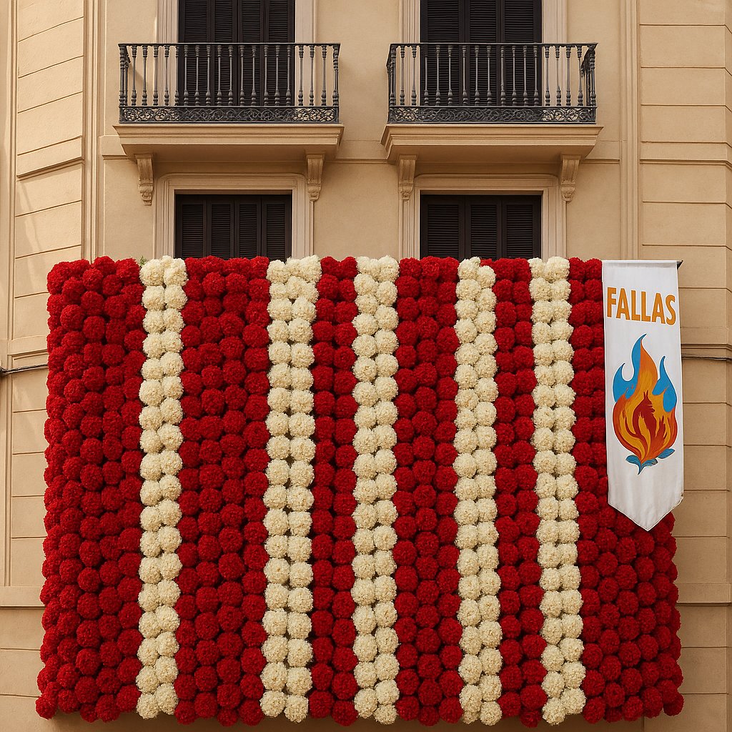 manto de claveles rojos y blancos cubriendo una fachada durante las Fallas