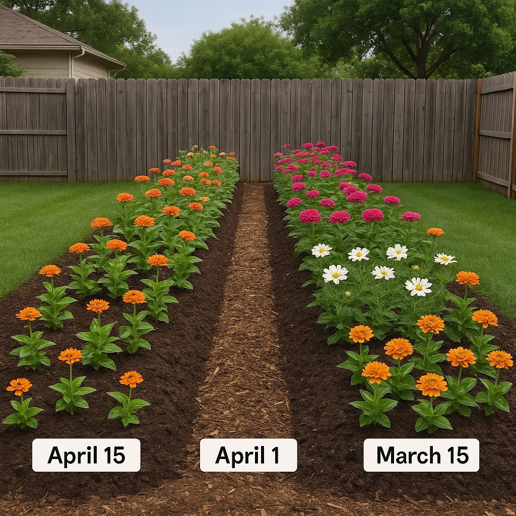 backyard flower garden rows with labeled succession planting dates
