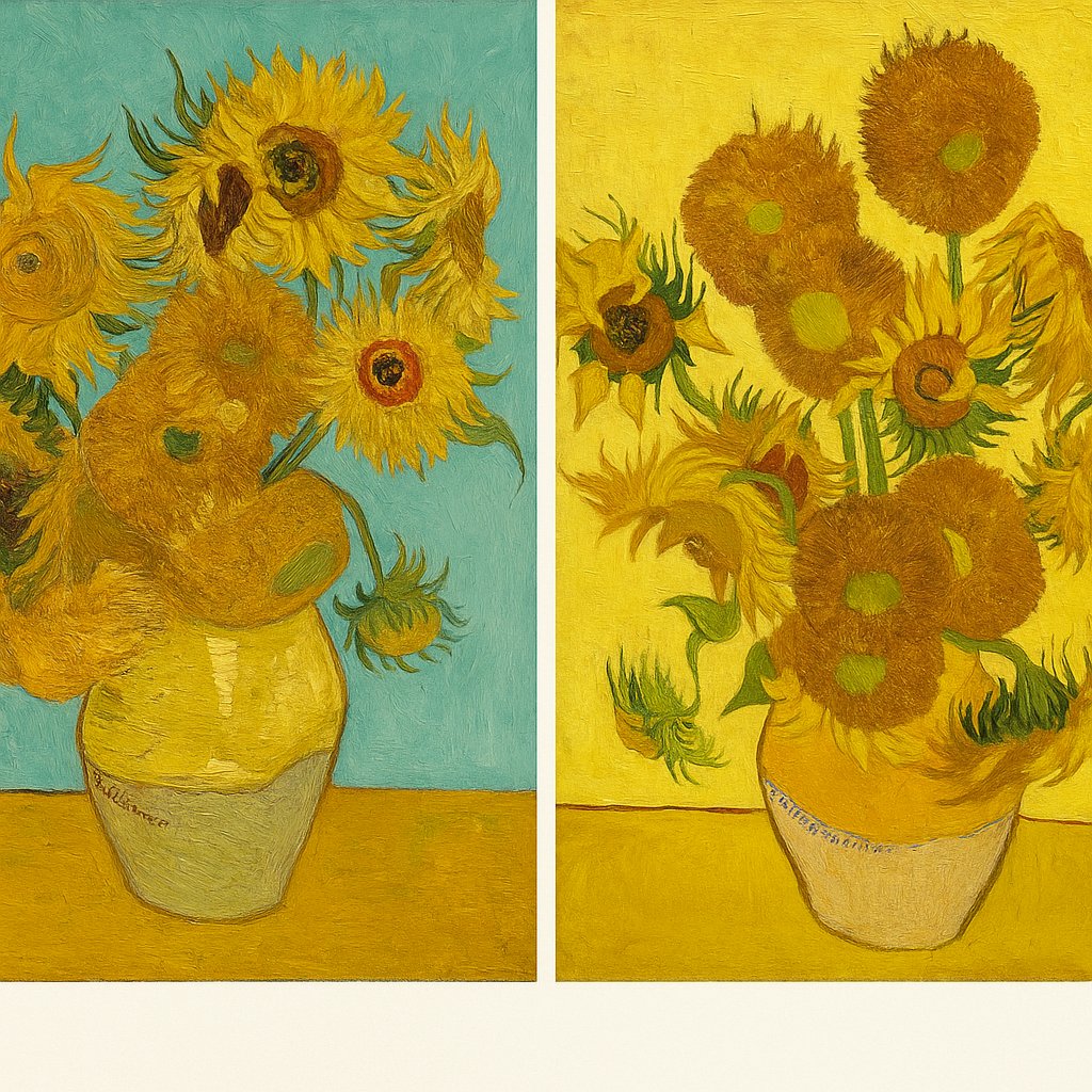 comparaison de deux versions de Tournesols de Van Gogh, fond bleu-vert et fond jaune