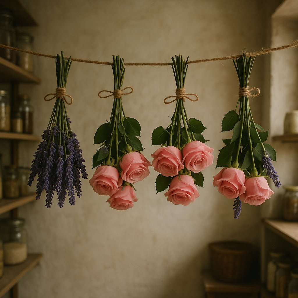 ramilletes de lavanda y rosas colgados boca abajo de una cuerda en una despensa luminosa tenue