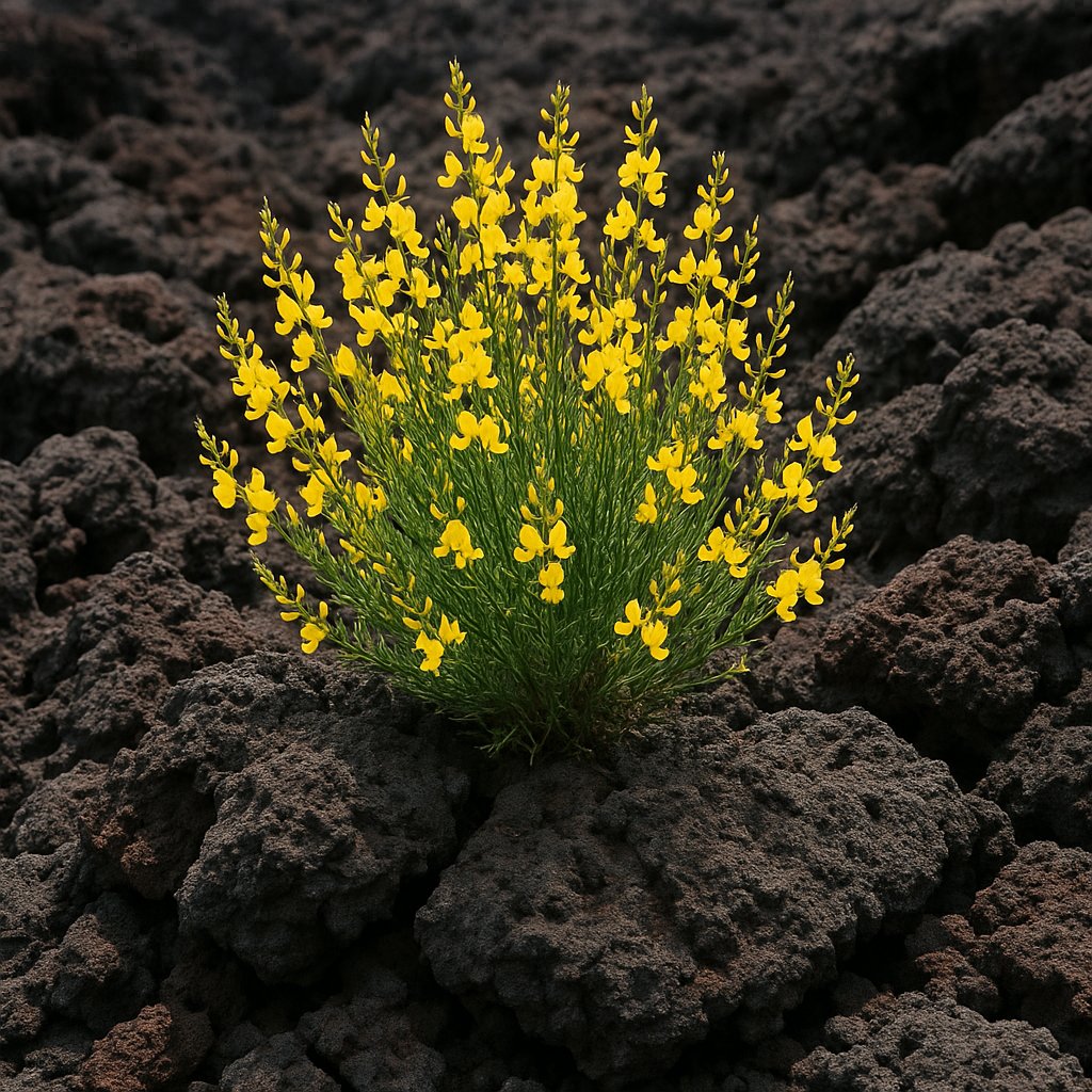 cespo di ginestra gialla fiorita su lava del Vesuvio